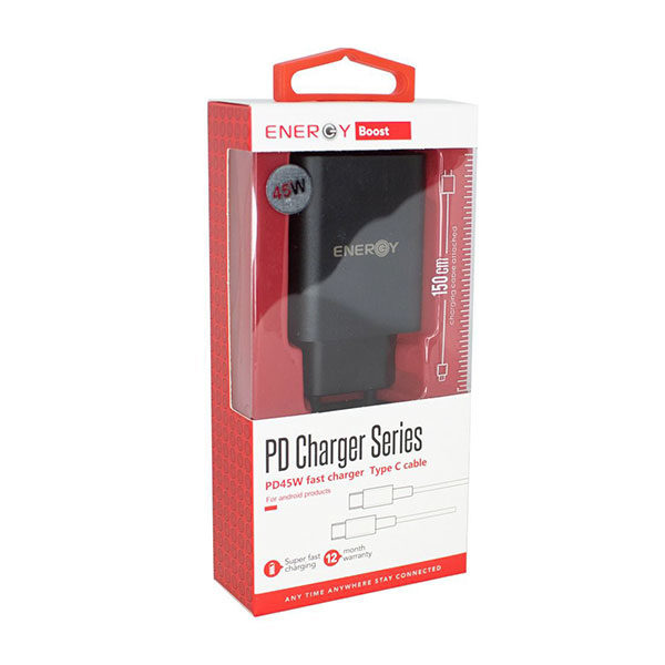 מטען מהיר 45W עם כבל USB-C באורך 1.5 מטר Energy שחור
