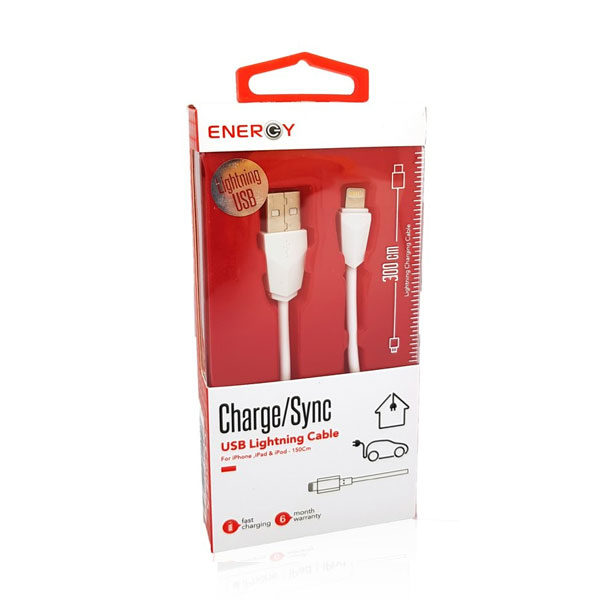 כבל טעינה לאייפון ארוך 3 מטר איכותי Energy לבן