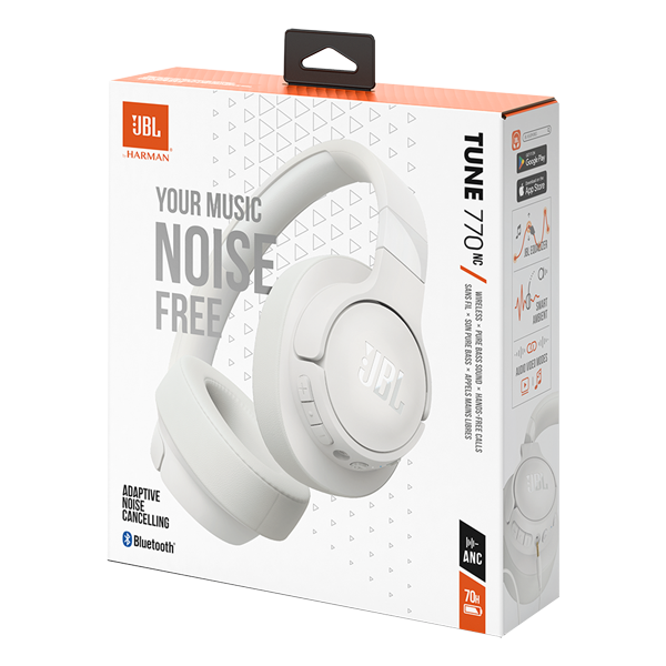 אוזניות אלחוטיות JBL Tune 770NC בצבע לבן | סינון רעשים, סאונד JBL Bass וסוללה ל-70 שעות
