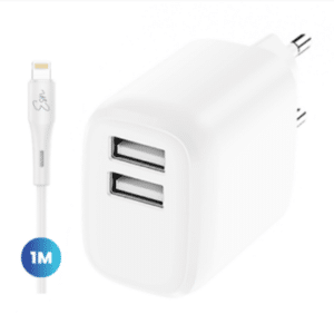 מטען בית USB A כפול קומפקטי ובטיחותי 12w לבן לאייפון שנה אחריות Essentials