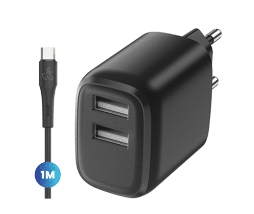 מטען בית Usb A כפול קומפקטי ובטיחותי 12w שחור כבל Type C שנה אחריות Essentials