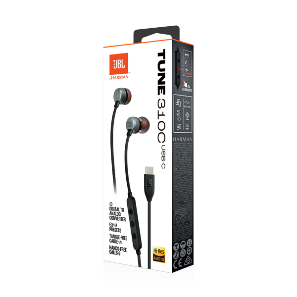 אוזניות חוטיות JBL Tune 310C בצבע שחור | באס עוצמתי, חיבור USB-C ואודיו באיכות גבוהה