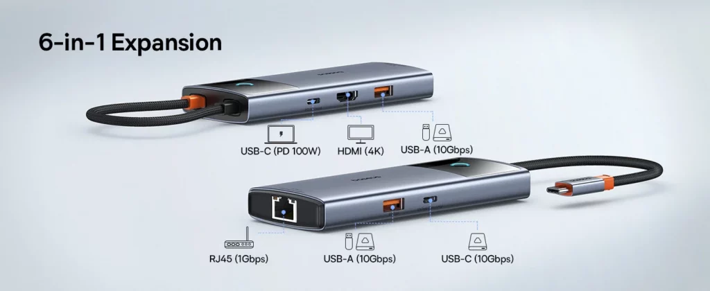 תחנת עגינה 6 ב-1 USB-C למחשב נייד עם חיבורים מגוונים Metal Gleam II מבית Baseus