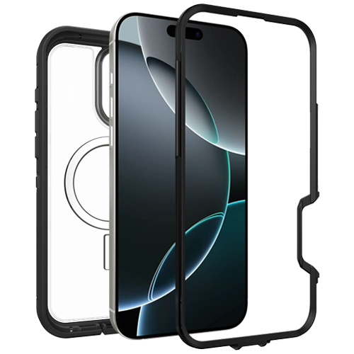 כיסוי OtterBox Defender XT לאייפון 16 פרו מקס – מבט מפורק עם סימונים לתכונות עיקריות: תמיכה ב-MagSafe, הגנה כפולה נגד נפילות, ועיצוב שקוף.