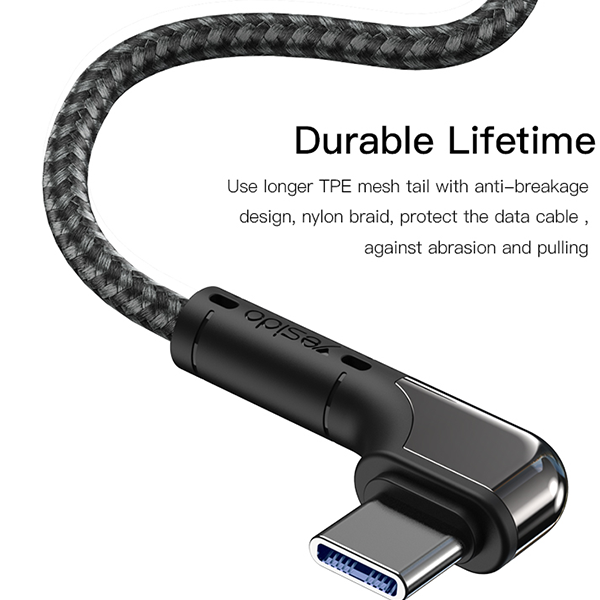 כבל טעינה מהירה 2 מטר בזווית 90 מעלות USB-A ל-Type-C מבית Yesido CA81