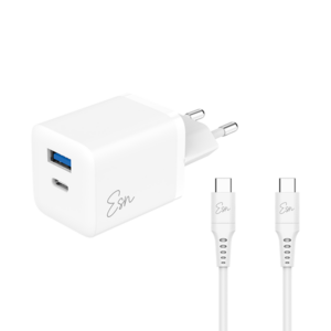 מטען קיר 43W עם 2 יציאות וכבל USB-C ל-USB-C מבית Essentials לבן