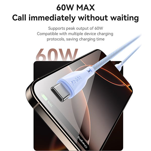 כבל USB-C 60W סגול באורך 1.2 מטר מהיר וחזק במיוחד | Yesido CA168