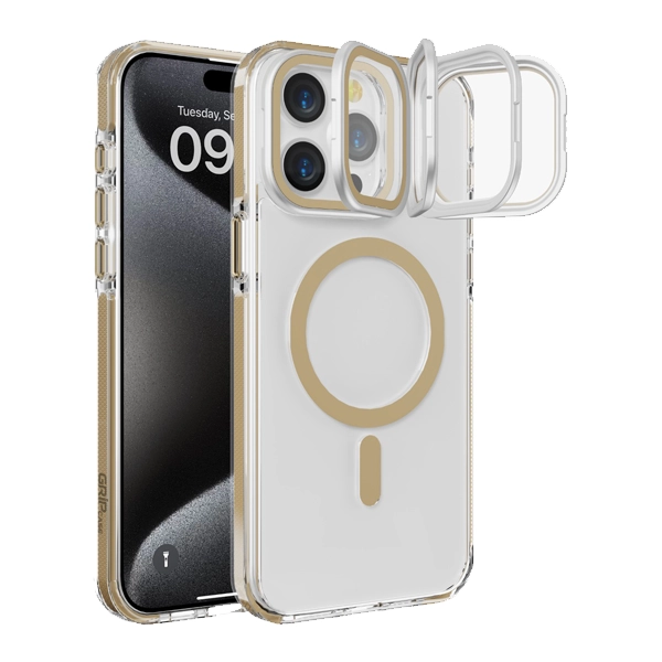 כיסוי שקוף זהב לאייפון 15 פרו מקס עם סטנד תומך MagSafe איכותי | Grip Case Crystal Pro