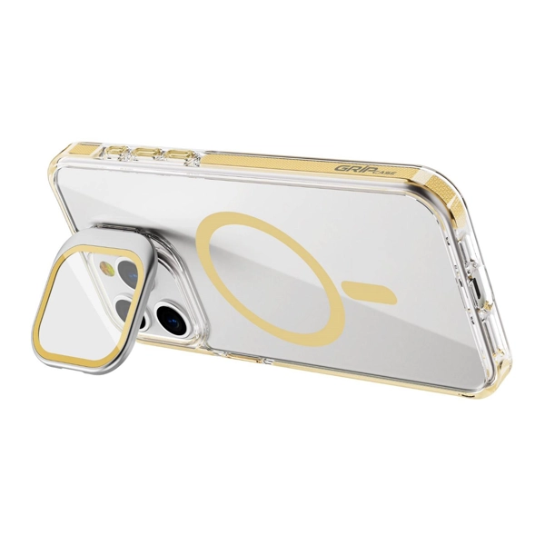 כיסוי שקוף זהב לאייפון 15 פרו עם סטנד תומך MagSafe איכותי | Grip Case Crystal Pro