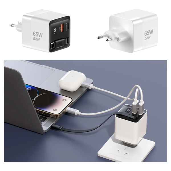 מטען קיר 65W GaN לבן עם כבל נמתח Type-C ויציאות USB-C ו-USB-A מהירות | Miracase MWC65RC