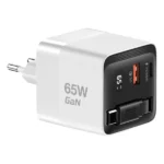מטען קיר 65W GaN לבן עם כבל נמתח Type-C ויציאות USB-C ו-USB-A מהירות | Miracase MWC65RC