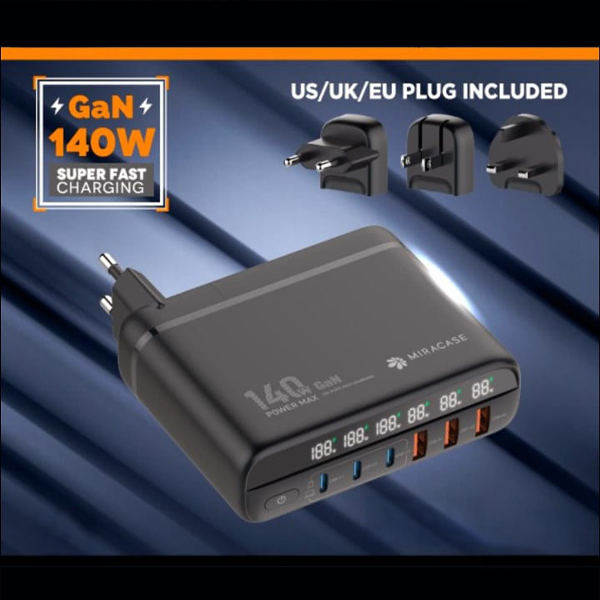 מטען GaN 140W מהיר עם 6 יציאות USB-C ו-USB-A ומתאמי חשמל | Miracase MWC140W