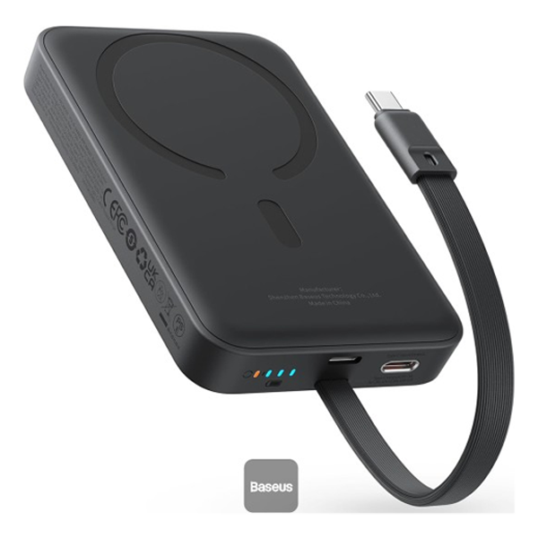 מטען נייד אלחוטי 10,000mAh 30W שחור תומך MagSafe וכבל Type-C מובנה | Baseus