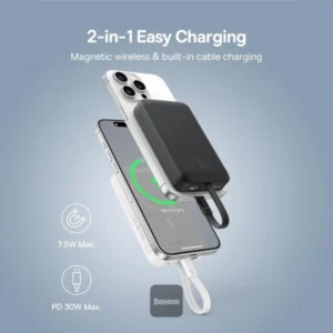 מטען נייד אלחוטי 10,000mAh 30W שחור תומך MagSafe וכבל Type-C מובנה | Baseus