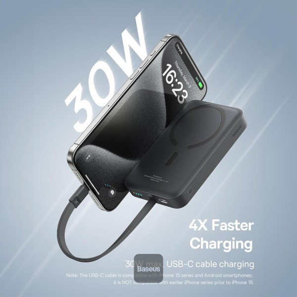 מטען נייד אלחוטי 10,000mAh 30W שחור תומך MagSafe וכבל Type-C מובנה | Baseus