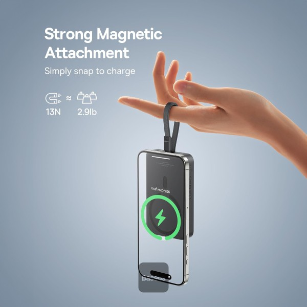 מטען נייד אלחוטי 10,000mAh 30W שחור תומך MagSafe וכבל Type-C מובנה | Baseus