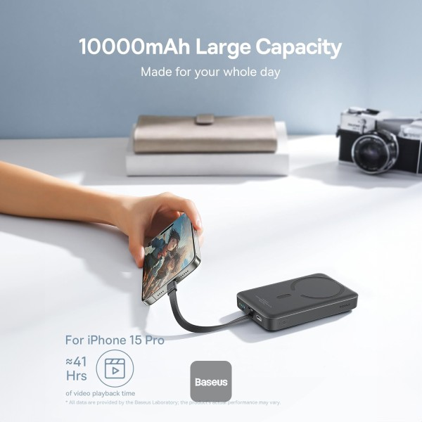 מטען נייד אלחוטי 10,000mAh 30W שחור תומך MagSafe וכבל Type-C מובנה | Baseus