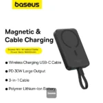 מטען נייד אלחוטי 10,000mAh 30W שחור תומך MagSafe וכבל Type-C מובנה | Baseus