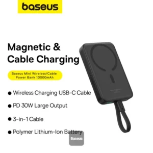 מטען נייד אלחוטי 10,000mAh 30W שחור תומך MagSafe וכבל Type-C מובנה | Baseus