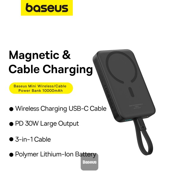 מטען נייד אלחוטי 10,000mAh 30W שחור תומך MagSafe וכבל Type-C מובנה | Baseus
