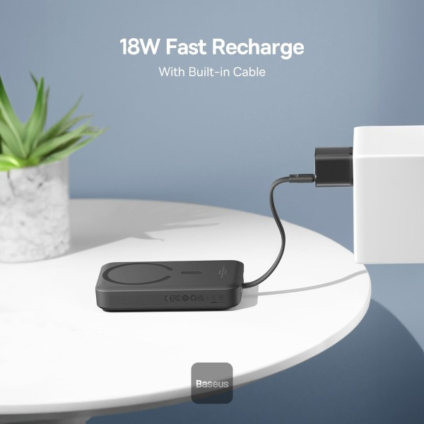 מטען נייד אלחוטי 10,000mAh 30W שחור תומך MagSafe וכבל Type-C מובנה | Baseus