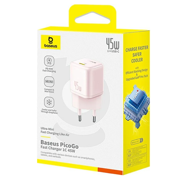 ראש מטען Type-C 45W ורוד קומפקטי | Baseus PicoGo GaN