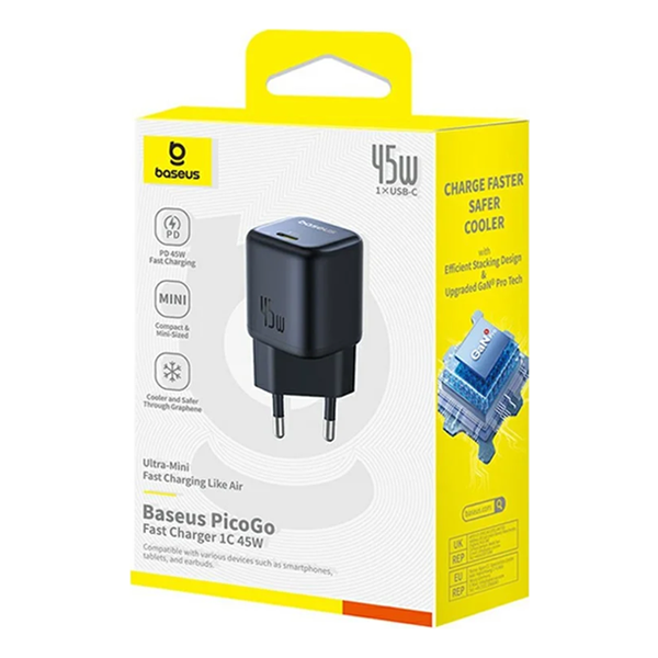 ראש מטען Type-C 45W שחור קומפקטי | Baseus PicoGo GaN