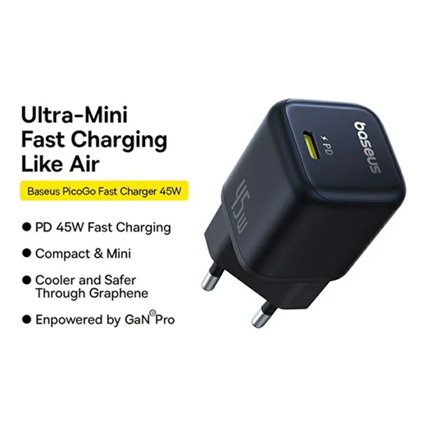 ראש מטען Type-C 45W שחור קומפקטי | Baseus PicoGo GaN