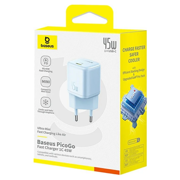 ראש מטען Type-C 45W תכלת קומפקטי | Baseus PicoGo GaN