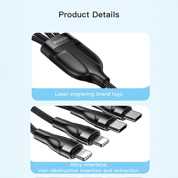 כבל USB-C קלוע 4 ב-1 באורך 1.2 מטר עם חיבורי USB-C ו-Lightning מהירים | Yesido CA110