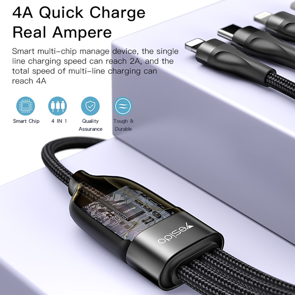 כבל USB-C קלוע 4 ב-1 באורך 1.2 מטר עם חיבורי USB-C ו-Lightning מהירים | Yesido CA110