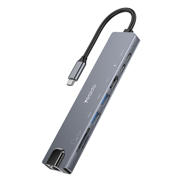 מתאם 8 ב-1 Type-C מהיר – HDMI 4K, רשת, USB 3.0, PD, קורא כרטיסים | Yesido HB27