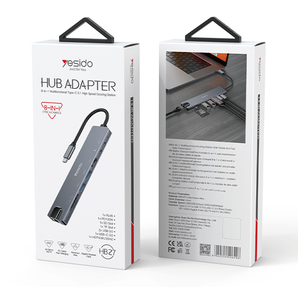 מתאם 8 ב 1 Type C מהיר – Hdmi 4k, רשת, Usb 3.0, Pd, קורא כרטיסים | Yesido Hb27 12