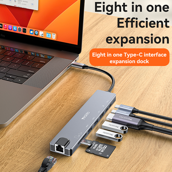 מתאם 8 ב-1 Type-C מהיר – HDMI 4K, רשת, USB 3.0, PD, קורא כרטיסים | Yesido HB27