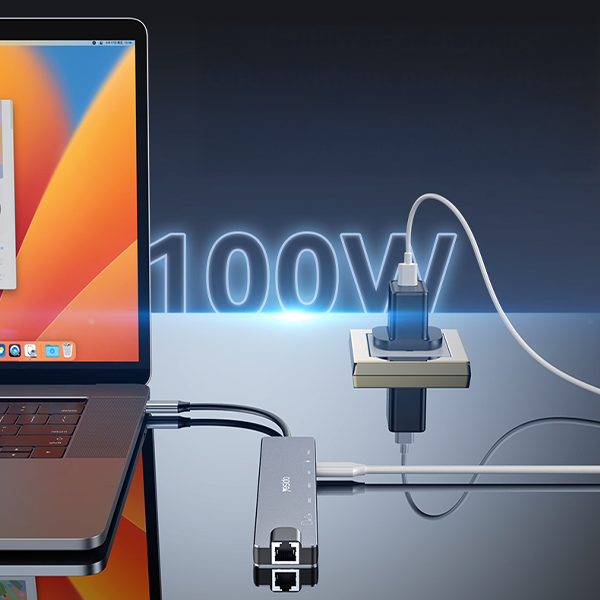 מתאם 8 ב-1 Type-C מהיר – HDMI 4K, רשת, USB 3.0, PD, קורא כרטיסים | Yesido HB27