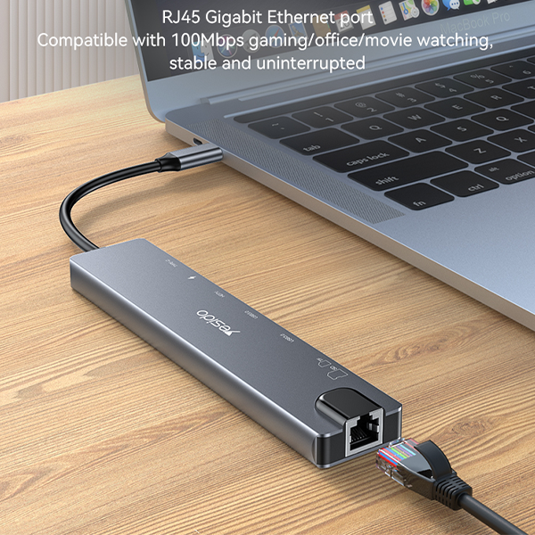 מתאם 8 ב-1 Type-C מהיר – HDMI 4K, רשת, USB 3.0, PD, קורא כרטיסים | Yesido HB27
