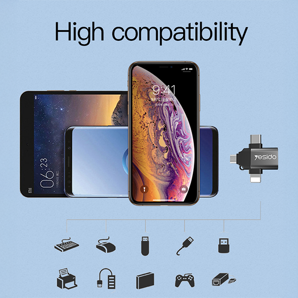 מתאם OTG מהיר 3 ב-1 עם חיבורי Type-C, Micro USB ו-Lightning לנוחיות מקסימלית | Yesido GS15