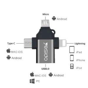 מתאם OTG מהיר 3 ב-1 עם חיבורי Type-C, Micro USB ו-Lightning לנוחיות מקסימלית | Yesido GS15