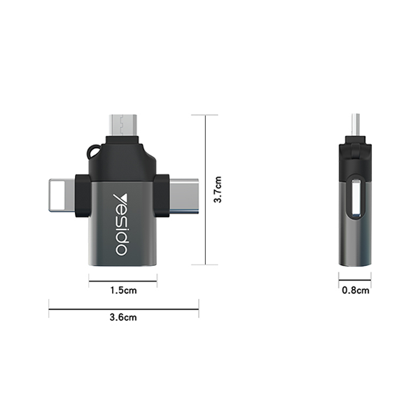 מתאם OTG מהיר 3 ב-1 עם חיבורי Type-C, Micro USB ו-Lightning לנוחיות מקסימלית | Yesido GS15