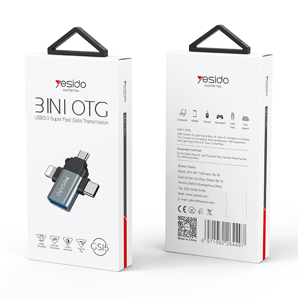 מתאם OTG מהיר 3 ב-1 עם חיבורי Type-C, Micro USB ו-Lightning לנוחיות מקסימלית | Yesido GS15