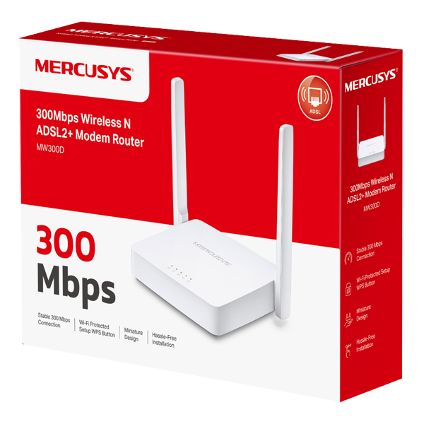 ראוטר אלחוטי 300Mbps עם מודם ADSL2+ לאינטרנט ביתי יציב | Mercusys MW300D