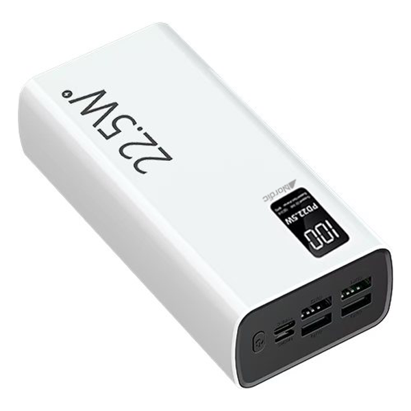 סוללת גיבוי 30,000mAh 22.5W לבנה עם 6 יציאות לסמארטפון ולטאבלט וצג דיגיטלי | Nordic PB-30
